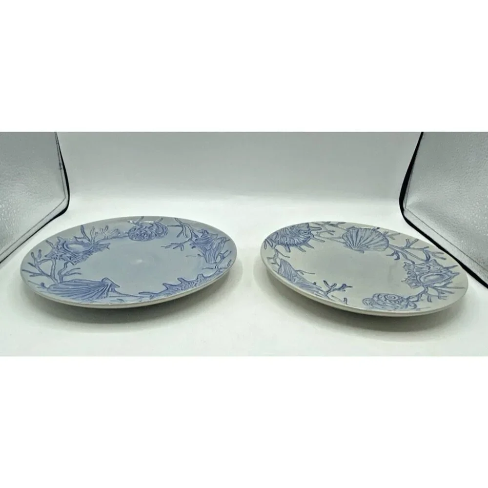 Pottery Barn Salad Plate Dessert Blue Shell Ocean Beach Coastal Coral  8